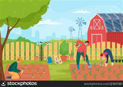 People working at house garden, gardening and growing. Vector house garden, agriculture hobby, home farm outdoor illustration. People working at house garden, gardening and growing