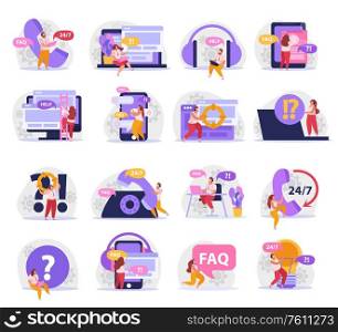 People working at online support service flat icons set isolated vector illustration