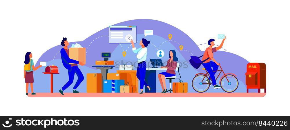 People working at post office flat vector illustration. Shipping and delivery service concept. Mail and parcels delivery cycle. Work process inside view.