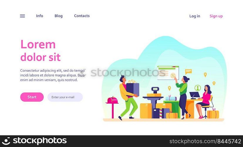 People working at post office flat vector illustration. Shipping and delivery service concept. Mail and parcels delivery cycle. Work process inside view.