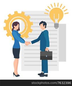 People working in business field, man and woman handshake of partners at work. Characters with documents and cogwheel lightbulb. Vector illustration in flat cartoon style. Meeting of Business Partners Man Woman Conference