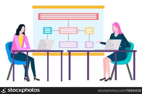 People working in company discussing strategy vector. Lady working on laptop whiteboard with scheme and analyzed information in form of infographics. Woman at Meeting, Business Conference Seminar