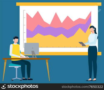 People working in office on analysis of information vector, man and woman with whiteboard and flowchart colored. Workspace workers with gadgets flat style. Whiteboard with Information Infochart Stats Info
