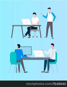People working in office vector, boss giving tasks and controlling job development isolated set. Teamwork colleagues with project details on screens. People Working with Online Data, Coders Designers