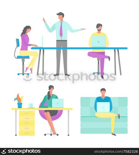 People working in office vector, distant workers at home sitting on sofa with laptops. Woman by desk with computer, boss talking to employee staff. Business Conference of Boss Job Office Workplace