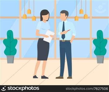 People working in office vector, man and woman analyzing info on paper. Boss and secretary helping with problems, employee and employer at workplace. Business team in modern office with big windows. Boss and Secretary Manager and Assistant in Office
