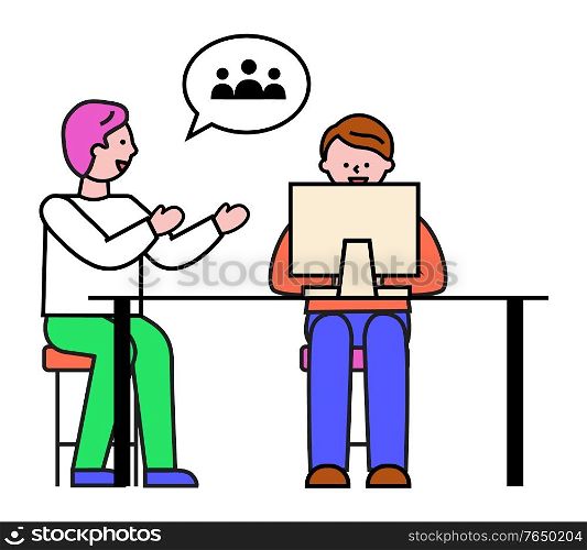 People working in pair at work. Isolated male characters at job dealing with project improvement. Man talking to colleague about users. Freelancers team discussing business ideas or concept vector. Teamwork of Colleagues with Personal Computer