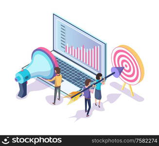 People working in team vector, laptop with information in visual representation. Team with arrow aiming at target, megaphone with man, broadcasting. Laptop with Infographics Infocharts, Business Aim