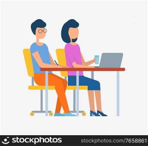 People working in team vector, person typing on laptop teamwork on project management network workspace organization man wearing glasses sitting.. Man and Woman Working on Laptop Meeting Vector