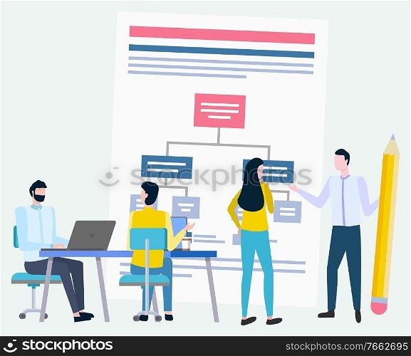 People working on analysis of info vector, business planning and strategy discussion. Person with laptop developer and programmer meeting of partners. Office Workers Analyzing Information on Board