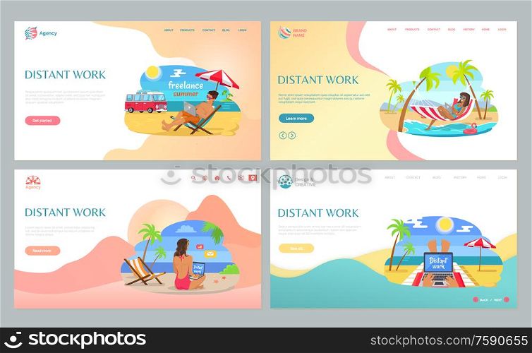 People working on beach, sitting on sand with laptop, distant work in summertime. Freelancers wearing swimsuit, job with wireless device vector. Website or webpage template, landing page flat style. Summertime Job on Beach, Freelancer Online Vector