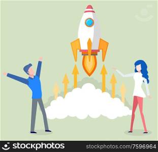 People working on business project startup vector. Man and woman standing by flying rocket with fire flames and clouds, arrows arrowheads pointing up. Launching of Business Startup, People with Rocket