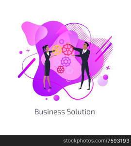People working on business solution vector, male and female with gears and cogwheels, process of project, abstract design isolated flat style mechanism. Business Solution Man and Woman Teamwork Gears