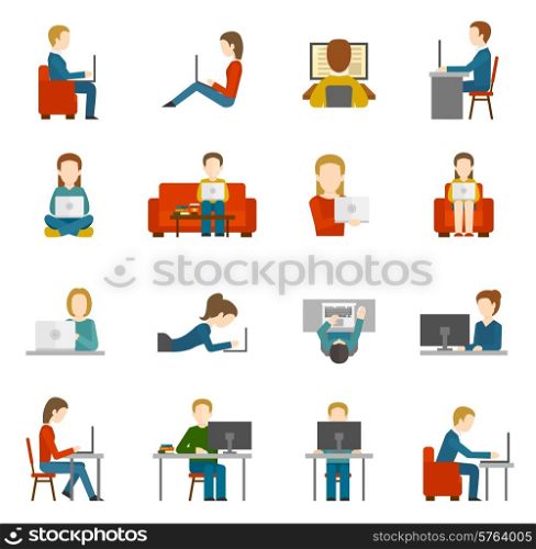 People working on computer and home and in office flat icons isolated vector illustration. Computer Working Flat