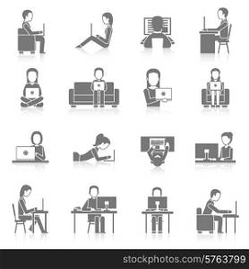 People working on computer sitting and laying black icons set isolated vector illustration. Computer Working Icons Set