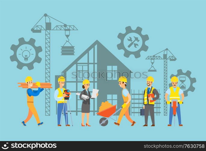 People working on construction of new buildings, woman with plans and schemes cogwheels and male with wooden brick, carriage with sand material. Vector illustration in flat cartoon style. Buildings with Cranes and Machinery Workers Set