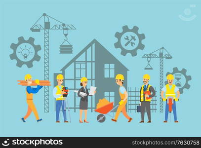 People working on construction of new buildings, woman with plans and schemes cogwheels and male with wooden brick, carriage with sand material. Vector illustration in flat cartoon style. Buildings with Cranes and Machinery Workers Set