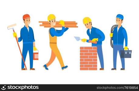 People working on construction vector, set of characters isolated male wearing uniform and helmets, man building wall standing with roller paint bucket. Workers on Building Construction Set of Characters