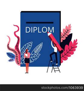 People working on diploma, man with pencil writing his thesis vector. Students with pages and work assignments, foliage and leaves decoration, men and women obtaining masters and bachelors degree. People working on diploma, man with pencil writing