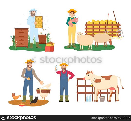 People working on farm vector, woman holding pin standing by sheep, beekeeper with bees making honey, man showing bottle of milk. cow and hens set. Farmers Working with Animals, Farming People Set
