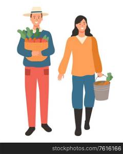 People working on field vector, isolated man and woman carrying organic products, person smiling and holding metal bucket with carrots, veggies vegetables. People with Carrots, Man and Woman Harvesting