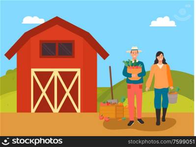 People working on field vector, man and woman harvesting carrying basket with ripe carrots and tomato, boxes with veggies and shovel instrument agriculture. Farming People Man and Woman on Farm by House