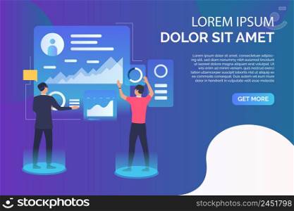 People working on futuristic virtual screens and sample text. Future, VR, cyberspace concept. Presentation slide template. Vector illustration for topics like business, technology, virtual reality. People working on futuristic virtual screens and sample text