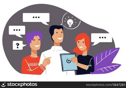 People working on improvement and success, team communicating and showing results. Man and women with remarks and questions. Conference or meeting of colleagues. Vector in flat style illustration. Business communication and success of office team