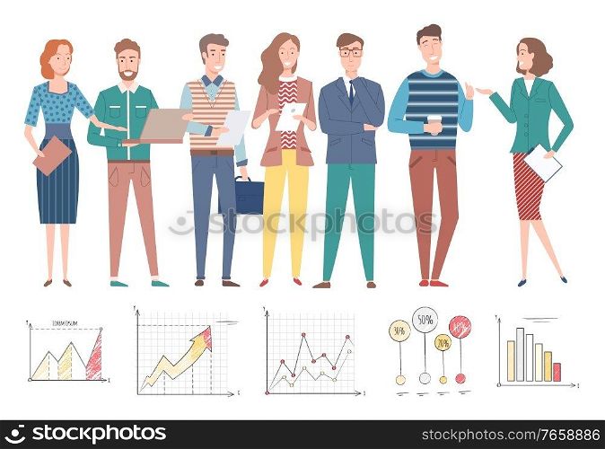 People working on information analysis vector, man and woman talking and discussing business data and results of projects, infocharts and flowcharts. Teamwork, Successful Team Woman and Man Charts