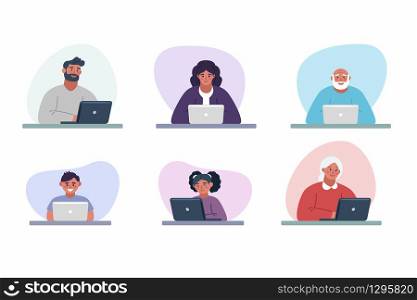 People working on laptop flat icons isolated vector illustration - man, woman, child, old man, old woman sitting at table. People working on laptop and home and in office at table