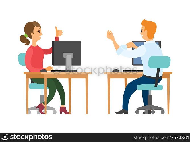 People working on laptops in office vector, man and woman. Business process, communication between workers, online technologies on computers at work. Coworkers Talking at Work, Woman and Man at Job