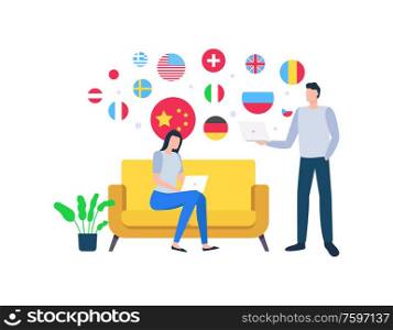 People working on laptops vector, man and woman business partners flat style. Flags of countries, China and USA, Italy and Sweden Uk and Russia set. Woman and Man Working From Home Selling Goods