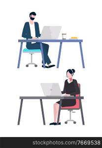 People working on laptops vector, man and woman in office. Male and female sitting by table performing tasks and assignments boss. Programmer and secretary. Office Workers Man and Woman Colleagues by Laptops