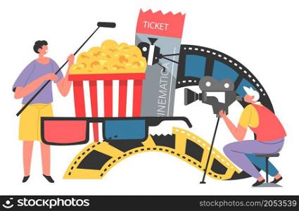 People working on movies shooting, team of operator and director. Cinematography and production of films, filmmaking industry workers. Popcorn and tickets with 3d glasses. Vector in flat style. Cinematography and filmmaking industry workers
