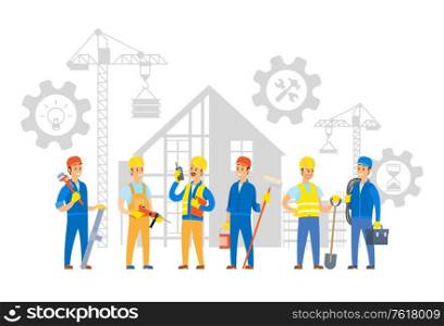 People working on new building construction vector, man with cable electrician and person holding shovel, gears and cogwheels, character with case. Building Process and Workers with Instruments