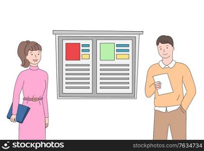 People working on new business concept, colleagues reading papers and document, man and woman in team, successful teamwork smiling employees. Vector illustration in flat cartoon style. Businessman People at Work with Whiteboard Info
