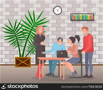 People working on new business concept. Employer and employees thinking about ideas for development of company and organizing space. Brainstorming man and woman with laptop vector in flat style. Boss and Workers Brainstorming on Project Ideas