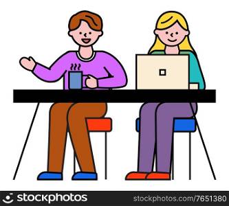 People working on new project in pair. Isolated man and woman sitting by table discussing problems of company. Female character typing on laptop, male drinking from coffee cup. Vector in flat style. Teamwork of Man and Woman Colleagues in Office
