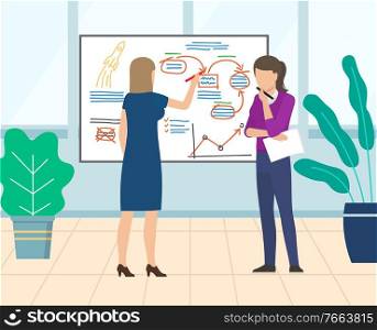 People working on new project strategy vector, woman planning and making notes on whiteboard. Visualization board with information and schemes set. Woman at Workplace, Whiteboard Explanation Chart