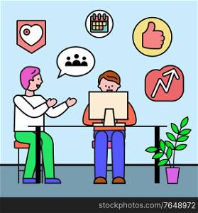 People working on new project. Teamwork of characters with laptop. Ideas of businessman boss and employee. Icons of calendar and heart, thumb up and increasing arrow vector in flat style illustration. Business Consulting of Characters Meeting Vector