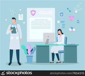 People working on new research or experiment in laboratory. Man and woman analyzing data on documents or laptop. Medical insurance and services of doctors and medical workers, vector in flat. Hospital or Clinics with Doctors and Scientists