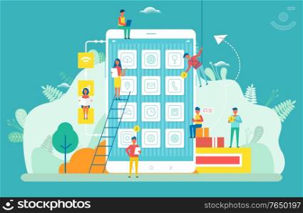 People working on optimization of smartphone application vector. Man and woman programmers with icons and symbols for cell. Ladder and paper plane. Monile Phone Application Developers Smartphone