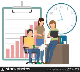 People working on project development, character gathered to discuss problems in company. Clipboard with charts and time clock deadline for workers. Vector illustration in flat cartoon style. Business Teamwork, People in Office Task Solving
