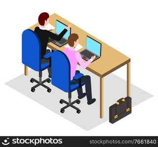 People working on project together. Male character with laptops making analysis of data for company report. Businessman by table with briefcase, isolated personages. Vector in isometric 3D style. Coworking People Using Laptops, Office Workers