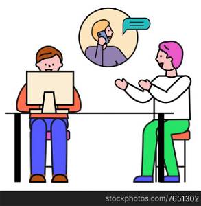 People working on project together. Team consulting with partner on phone, character talking on cell interacting with colleagues. Male analyzing info on laptop, vector in flat style illustration. Meeting in Office Consulting with Business Partner