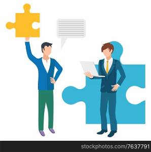 People working on project together vector, man with partner and puzzles. Pieces of jigsaw businessman with worker using laptop digital device for work. Partnership and Collaboration at Work Business