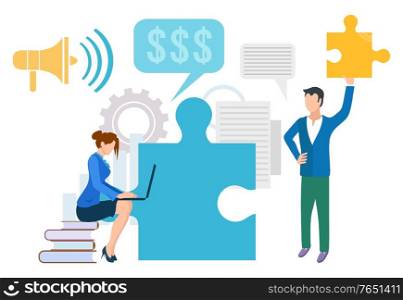 People working on projects vector, man and woman. Businessman holding piece of jigsaw puzzle, lady with laptop coding and programming sitting on books. Working Process Workers with Tasks Man and Woman