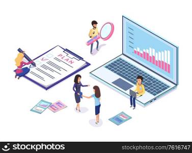 People working on promotion of website vector. Laptop and infographics, making plan and dealing with search engine, magnifying glass and computer. Digital Marketing Workers and Tools Instruments