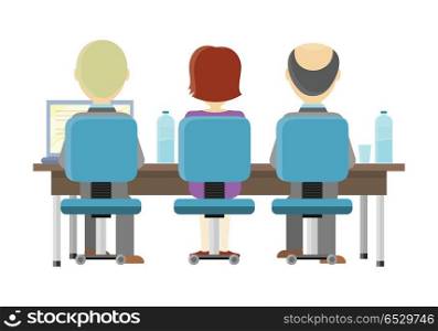 People Working on the Computer. People sitting at a desk and working on the computer, back view. Workplace, make money online, e-business, e-learning, concept. People busy working on laptop computer. Vector illustration in flat.