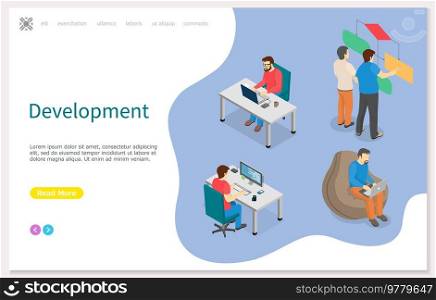 People working on web development on computer. Busy employees at workplaces work with technology. Overworked cartoon characters sitting at desks. Website for development landing page template. People working on web development on computer. Busy employees at workplaces work with technology